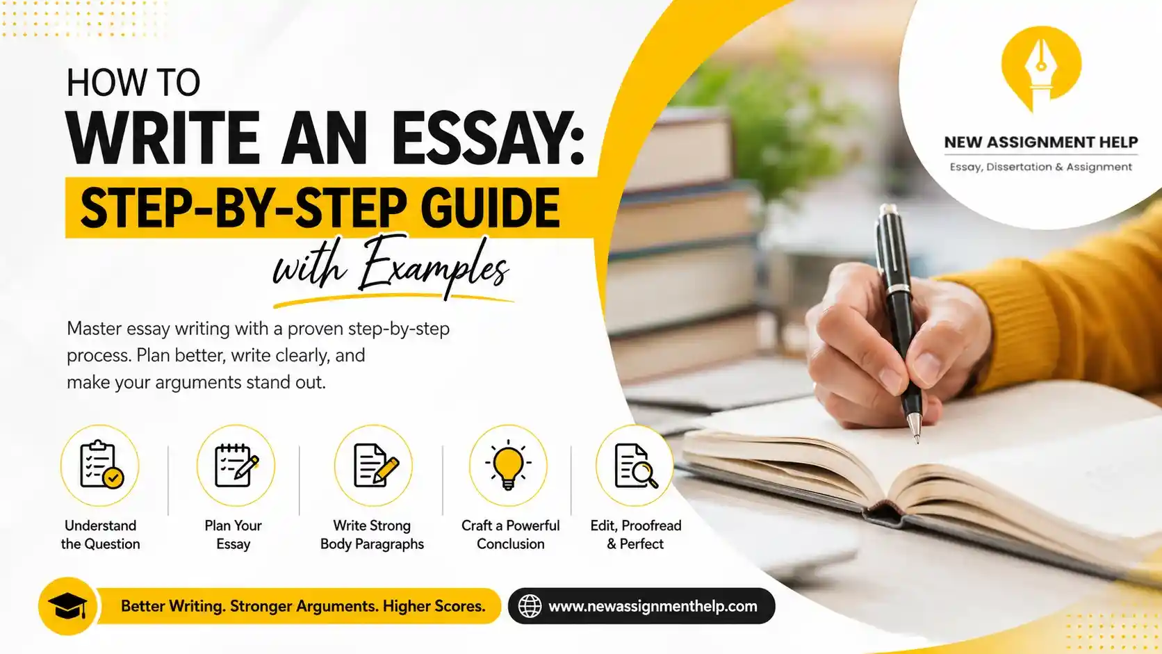 Educational banner on how to write an essay, featuring a student writing in a notebook, essay-writing steps